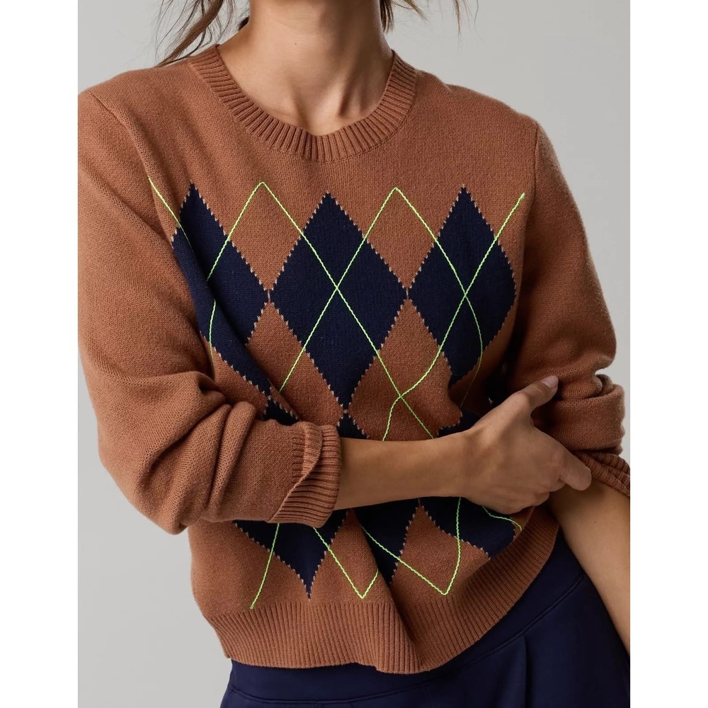 Aerie Sweater Argyle Crewneck Preppy Brown Small